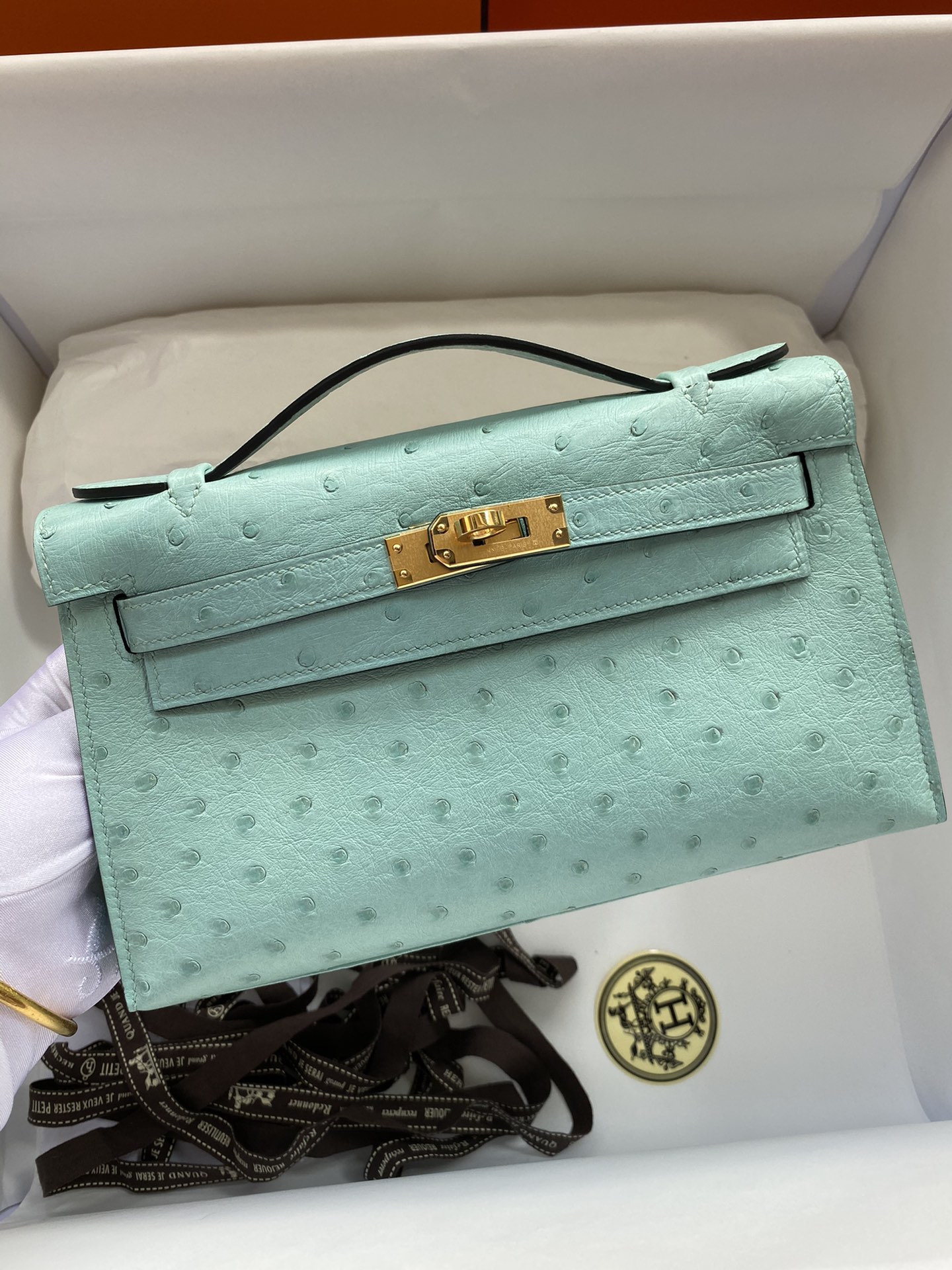 Hermes Mini Kelly Pochette 22cm Bag In Blue Atoll Ostrich Leather